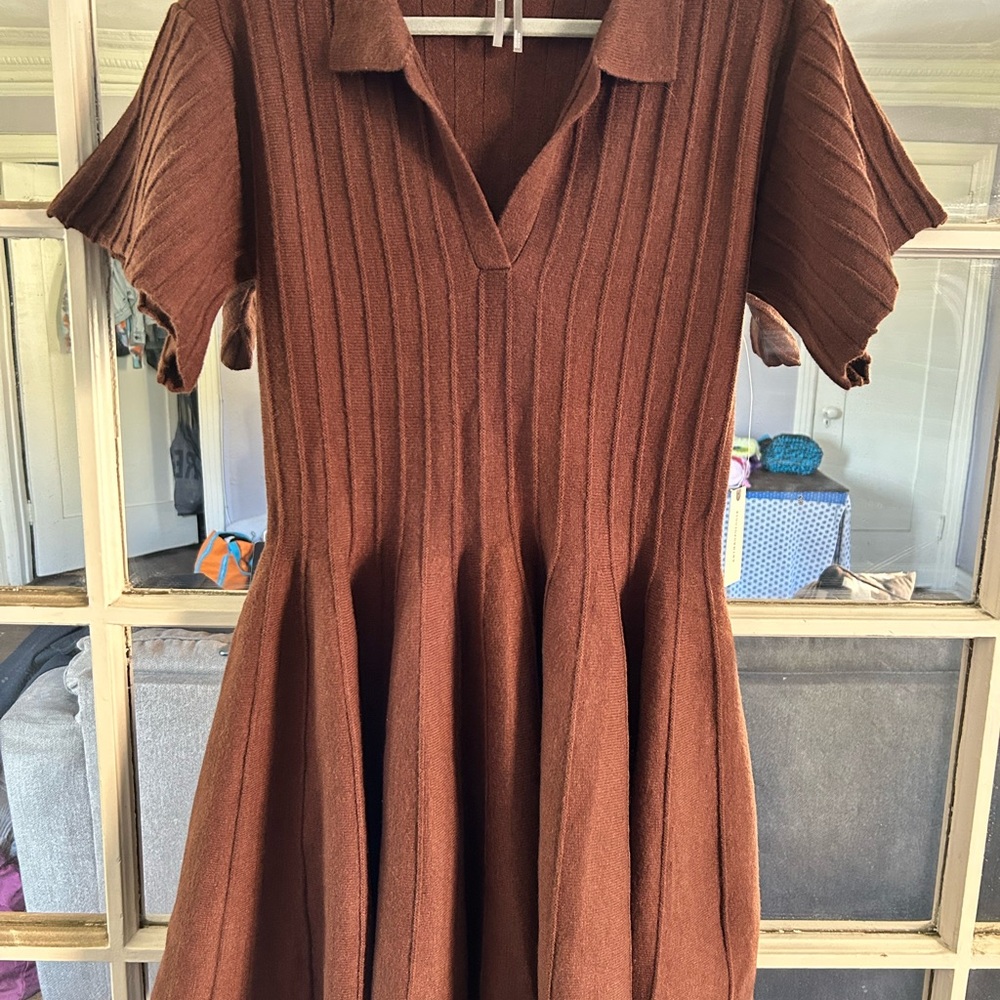 Anthropologie Ribbed Collared Knit Dress in Warm Brown
